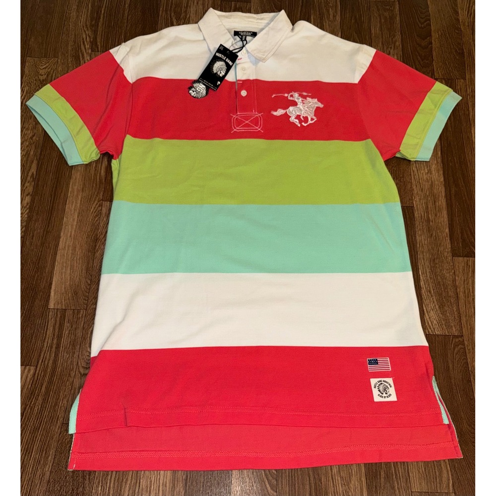 Hustle Gang Mens Wiseman SS Polo Shirt Red White Green Striped 271-3305 Size 2XL